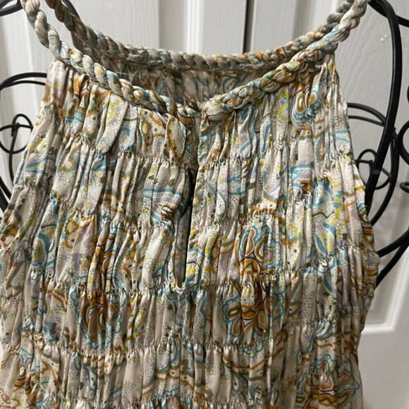 ZARA MINI DRESS TUNIC 100% SILK SMOCKED NECK HALTED PAISLEY ICONIC CHIC SZ M - Picture 8 of 16